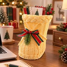 2pcs [A Boot Basket+A Bow]Handmade Rattan Christmas Boots Ornaments With Red Bows, Multifunctional Rattan Boots Modeling Desktop Christmas Decorations, Holiday Candy Baskets And Gift Baskets, Christmas Decorations And Holiday Gifts. - Multicolor - View 9