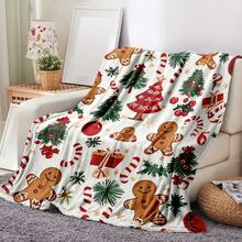 1pc Christmas Gingerbread Man Print Flannel Throw Blanket, Soft And Warm, Gingerbread Man, Candy Cane And Snow Tree Holiday Design, Suitable For Bed, Sofa, Chair, Office And Travel, Ideal Gift For Holiday Season - Multicolor - View 9