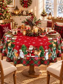 1pc Red Santa Snowman Christmas Tablecloth, Festive Holiday Polyester Round & Square Table Cover With Christmas Tree, Reindeer, Gift & Tartan Border Print, Decorative Dining Table Cover For Christmas Dinner, Winter Party & Home Decor - Multicolor - View 17