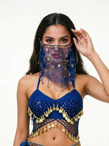 Mesh Hollow Coin Pendant Neck Top, Beaded Floral Tassel Veil, Suitable For Bar, Dance Party, Middle Eastern Exotic Dance Performance, Multiple Colors Available - Multicolor - View 15