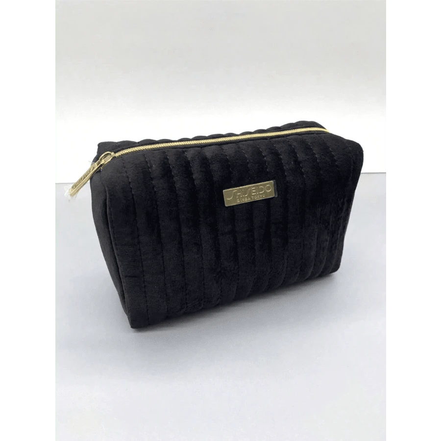Portable Plush Black Striped Travel Makeup Bag With Metal Brand Logo, Toiletries Storage Cosmetic Bag For Personal Use Or Gift - Shiseido Makeup Bag - Black - View 1