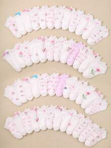 1/5/10/20 Pairs Random Cute Floral Bow Print Ankle Socks, Halloween Fall Clothes For Little Girls Sweet Pastel Color Daily Wear Socks For Girls - Multicolor - View 5