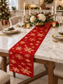 1pc Christmas Table Runner, Red Background With Gold Snowflake Pattern, Winter Holiday Kitchen Dining Table Centerpiece Decor Cloth, Christmas Home Party Table Setting - Multicolor - View 3