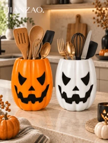 1pc Halloween Jack-O'-Lantern Utensil Holder, Pumpkin Face Kitchen Counter Storage Crock, 2 Colors Orange & White, Decorative Cutlery Container For Countertop, Fall Harvest Kitchen Decor - Multicolor - View 2