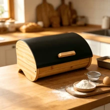 1pc Bamboo Wood Flip-Top Bread Storage Box, Curved Roll Lid With Wooden Handle Design, Dustproof Bread Bin, Kitchen Counter Storage Box, For Bread Storage And Food Organization On Kitchen Counter - Multicolor - View 2