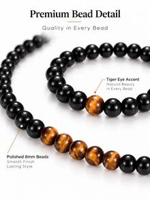 2Pcs 8mm Black Obsidian Tiger Eye Beaded Necklace Bracelet Set For Men Women, Unisex Natural Stone Bead Jewelry Set - Multicolor - View 7