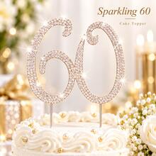 60 Number Rhinestone Cake Topper Sparkling Crystal Birthday Party Decoration Elegant Anniversary Wedding Cake Insert Decor 21x13cm - Style a - View 3