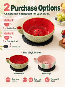 2pcs Watermelon & Pink Striped Ceramic Berry Washing Bowl With Drain Mat, Vortex Water Flow Side-Inlet Fruit Washer, Self-Rotating Berry Colander, Quick Drain Kitchen Strainer, Suitable For Strawberries, Blueberries, Grapes, Cherry Tomatoes And Vegetables - Watermelon Striped Colander - View 3