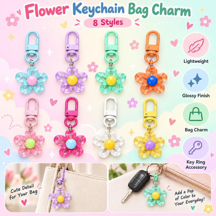 20/10/8/1pc Colorful Flower Keychain, Cute Floral Pendant Key Ring, Y2K Style Bag Charm Accessory For Backpack Purse Keys - Multicolor - View 1