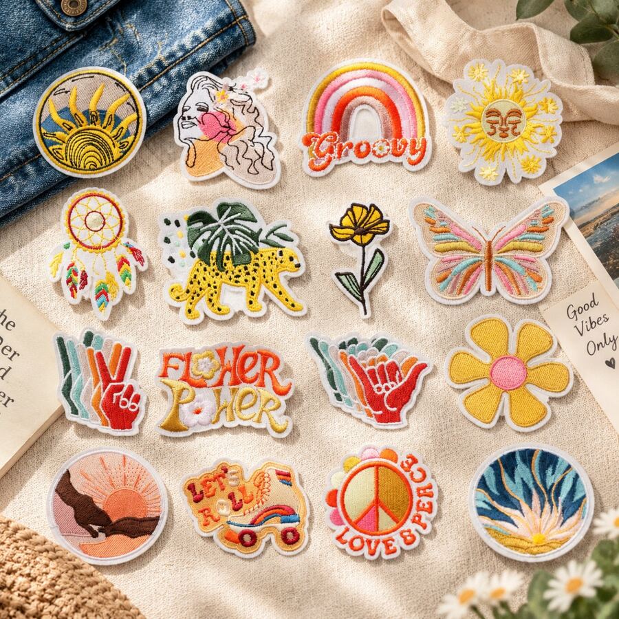 16Pcs Retro Hippie Boho Iron On Embroidery Patches, Mixed Sun Rainbow Flower Applique Set - Multicolor - View 1