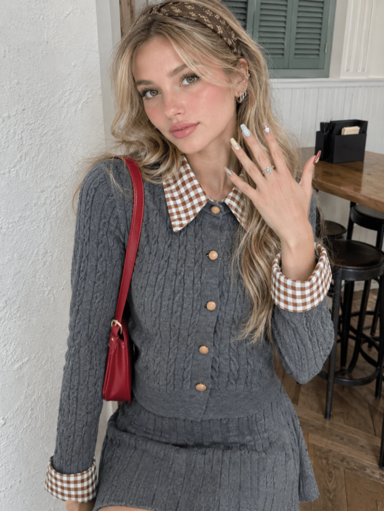Women's Autumn/Winter Striped Knit Cardigan & Skirt 2 Pieces Set, Minimalist Casual Sweater Outfit - Grey - View 1