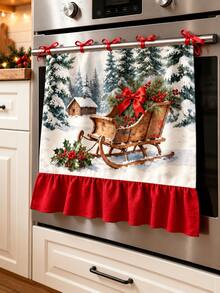 Christmas Sleigh Oven Curtain, Watercolor Winter Forest Cabin Print Ruffle Edge Oven Mitts, Kitchen Decor - Christmas Sleigh Door Curtain - View 11