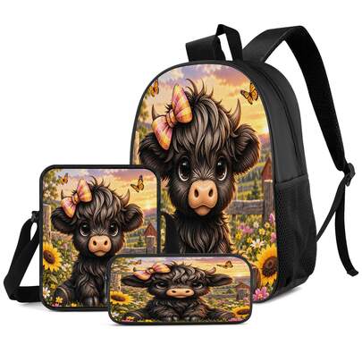 Set Tas Ransel 3 Potong Motif Sapi Highland Lucu Cetak 2D, Tas Ransel Kapasitas Besar dengan Tas Selempang dan Kotak Pensil Kombinasi, Kantong Jaring Elastis Samping untuk Botol Air, Tali Bahu Lebar yang Dapat Disesuaikan dan Bernapas, Gaya Pedesaan Segar Menenangkan untuk Komuter Harian, Perjalanan, Waktu Luang dan Penyimpanan