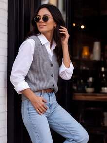 Rompi Sweater Wanita Abu-abu Gaya Preppy Musim Gugur/Musim Dingin, Atasan Rajut Bergaris Kasual Leher V dengan Kancing Depan untuk Kampus, Pakaian Sehari-hari & Acara Akhir Pekan - Grey - View 3