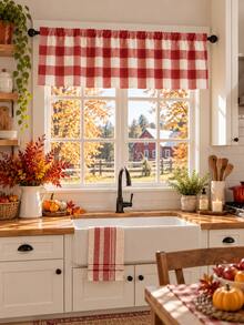 1pc-Red And White Buffalo Check Valance Curtain, Farmhouse Plaid Rod Pocket Window Topper, Rustic Country Kitchen Window Treatment, Fall Thanksgiving & Christmas Home Decor, Short Checkered Curtain Valance For Cafe Dining Room - Black and White - View 8