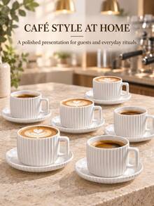 1/6 Sets Optional, Minimalist White Ceramic Coffee Cup & Saucer Set, Nordic Style Striped Latte Espresso Tea Cups, Square Handle Coffee Mug, Home Cafe Afternoon Tea Tableware - Multicolor - View 6