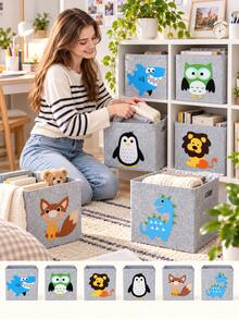 1PC Foldable Felt Storage Bin With Cute Animal Applique, Square Nonwoven Fabric Organizer Basket With Side Handles, Collapsible Cube Storage Box For Closet, Shelf, Bedroom, Dorm, Office, Books, Clothes, Towels And Daily Household Essentials - Lion - View 1