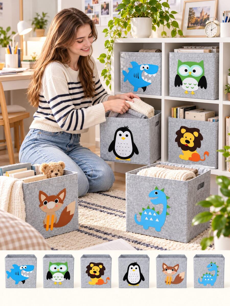 1PC Foldable Felt Storage Bin With Cute Animal Applique, Square Nonwoven Fabric Organizer Basket With Side Handles, Collapsible Cube Storage Box For Closet, Shelf, Bedroom, Dorm, Office, Books, Clothes, Towels And Daily Household Essentials - Lion - View 1