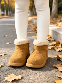 Kids Faux Suede Short Winter Boots, Fuzzy Fleece Cuff Lined Warm Snow Boots, Soft Flat Sole, For Autumn Winter Daily, Outdoor & School Wear - Camel - View 2