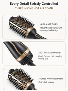 3-In-1 Round Heating Hair Dryer Brush, 3 Speed Settings, Ionic Styling, Straight And Curly Hair, Dual Voltage, Non-Slip Handle Suitable For All Hair Types - UK Plug(220-240V) - View 7