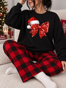 Set 2 piezas  / Conjunto de pijama con sudadera hoodie de manga larga  con estampado a cuadros y pantalón largo de dormir a cuadros con bolsillos para mujer navidad reno temporal invierno - Negro - Ver 1