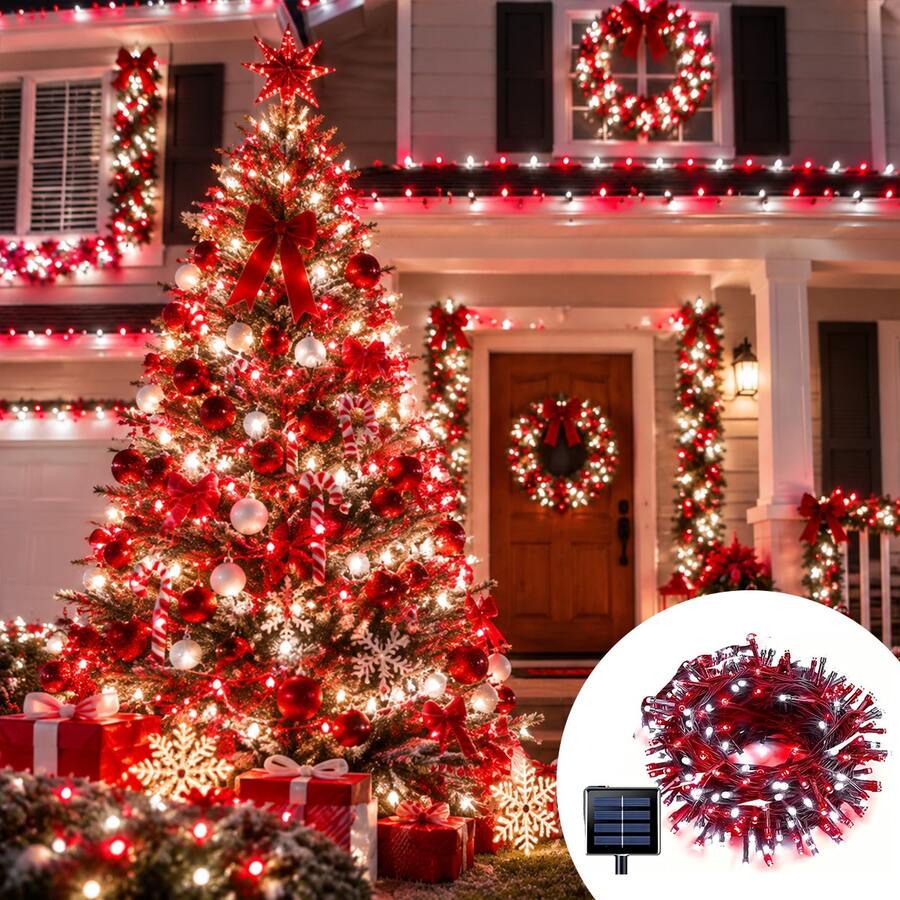 1PCsolar Powered Christmas Courtyard Atmosphere Light String, Outdoor Decoration High Brightness LED Color Light String, Red Green/Red White, Suitable For Decorating Christmas Trees, Courtyards, Indoor And Outdoor Holiday Scenes - Solar String Lights - View 1