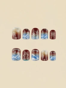24 Pieces Transparent Blue Gradient Snowflake Gingerbread Man Glitter Powder Christmas Winter Fake Nails, Short Square Style Nail Covers - Brown - View 3