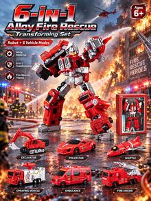 1 Set 6-In-1 Alloy Fire Engineering Transformation Team Toy, Suitable For Children 6 Years Old And Above, Includes Fire Truck, Excavator, Sprinkler Truck And Other Combinable Rescue Robots, Durable Realistic Collectible Gift Box For Boys - Cool Transforming Toy - View 3