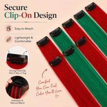 6pcs Red & Green Dual-Color Clip-In Hair Extensions, Quick Clip-In Colored Straight Hair Pieces, One-Piece Invisible Hair Clip, Easily Add Layers, Suitable For Halloween, Christmas, Party, Festival And Daily Styling - Multicolor - View 6