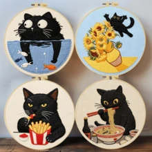 1pc 20*20cm/7.9*7.9in Naughty Black Cat Embroidery Kit, DIY Hand Embroidery Set, Suitable For Adult Beginners, Home Decor Gift, Women's Sewing Gift, Includes User Manual, Printed Pattern Fabric, Embroidery Hoop, Needle And Thread - The Mischievous Black Cat - View 13