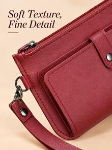 Fashionable Large Capacity Clutch, Credit Card Holder, Women's Casual Wallet And Wrist Strap, PU Leather Lightweight Phone Holder - Burgundy - View 4