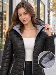 Fitted Hooded Quilted Puffer Jacket, Zip Up Lightweight Padded Winter Coat With Contrast Lining And Zipper Pockets - Black - View 3