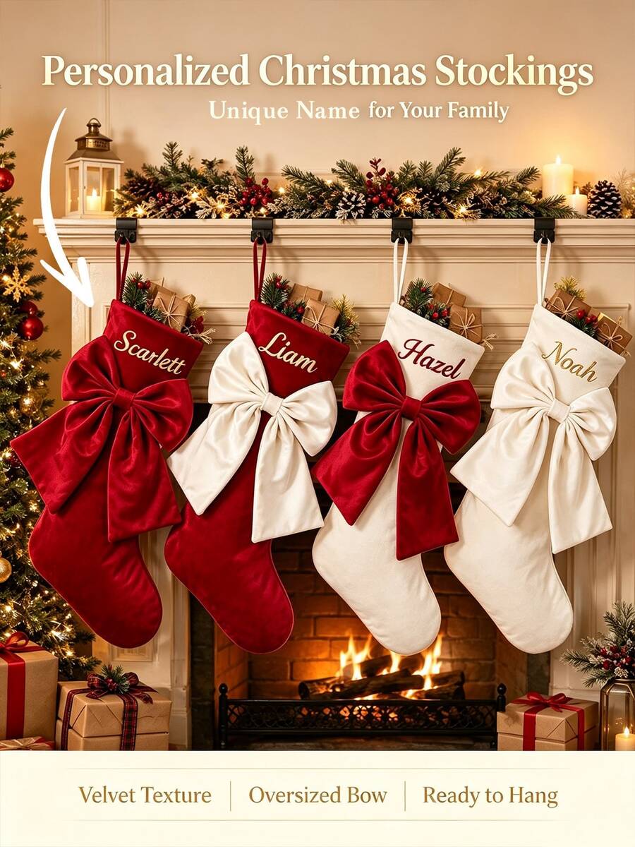 Personalized Christmas Stockings, Customizable Name, Luxury Soft Velvet Christmas Stockings With 3D Bow, Large Hanging Christmas Decoration, Suitable For Fireplace, Mantel And Christmas Tree, Perfect For Family, Couples And Pets Customized Holiday Gifts, Christmas Home Party Decoration, Letter Pattern - Multicolor - View 1