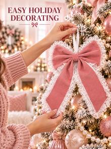 2pcs Pink Rhinestone Lace Bow Hanging Decorations, Large Christmas Tree Bow Decor With White Lace Trim, Holiday Wreath Embellishment, Staircase Garland Ribbon Bow, Gift Box Fireplace Window Holiday Home Party Decor, Winter Indoor Hanging Decoration - Multicolor - View 6