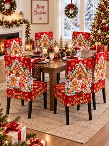 1pc Red Sweet Christmas Chair Slipcover, Cute Gingerbread Boy Girl Candy Cane Lollipop Snowflake Pattern, Stretch Spandex Parsons High Back Chair Cover, Washable Removable Protector For Dining Room Kitchen Xmas Decor - Multicolor - View 7