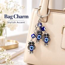 1pc Blue Bead Owl Keychain, 3 Owl Dangle Bag Charm, Vintage-Style Lightweight Key Ring For Handbag, Backpack, Car Keys & Travel - Multicolor - View 6