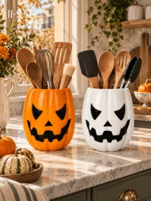 1pc/2pcs Halloween Jack-O'-Lantern Utensil Holder, Pumpkin Face Kitchen Counter Storage Crock, Orange & White 2 Colors, Spooky Tabletop Cutlery Container, Fall Harvest Kitchen Home Decor, Utensils Not Included - Pumpkin Storage - View 8
