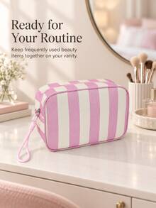 Cute Casual Striped Women's Makeup Bag, A Fashionable Striped Toiletry Bag With Braided Rope Zipper Design Storage Bag, Lightweight And Portable Opening And Closing, Easy To Store; Available In Multiple Colors, Convenient For Travel And Daily Use - Multicolor - View 8
