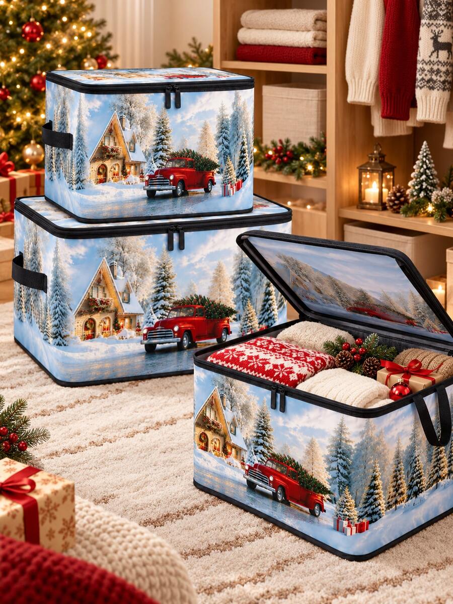 Christmas Foldable Storage Box With Zipper Lid, Foldable Zipper Storage Box, Christmas Storage Bucket With Lid And Handles, Large Capacity Clothing And Bedding Storage Box With Handles, Christmas Tree And Red Truck Pattern Blanket Storage Bucket - Multicolor - View 1