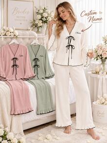 Personalized Bridesmaid Pajama Set, Custom Name Bow Tie PJs, Bridal Party Loungewear, Wedding Morning Pajamas, Bride Gift - Multicolor - View 3