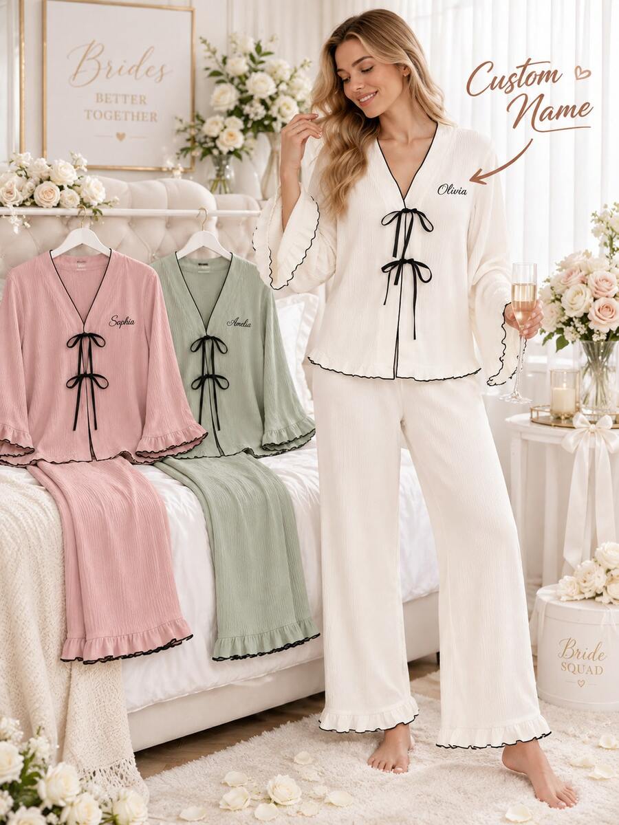 Personalized Bridesmaid Pajama Set, Custom Name Bow Tie PJs, Bridal Party Loungewear, Wedding Morning Pajamas, Bride Gift - Multicolor - View 1