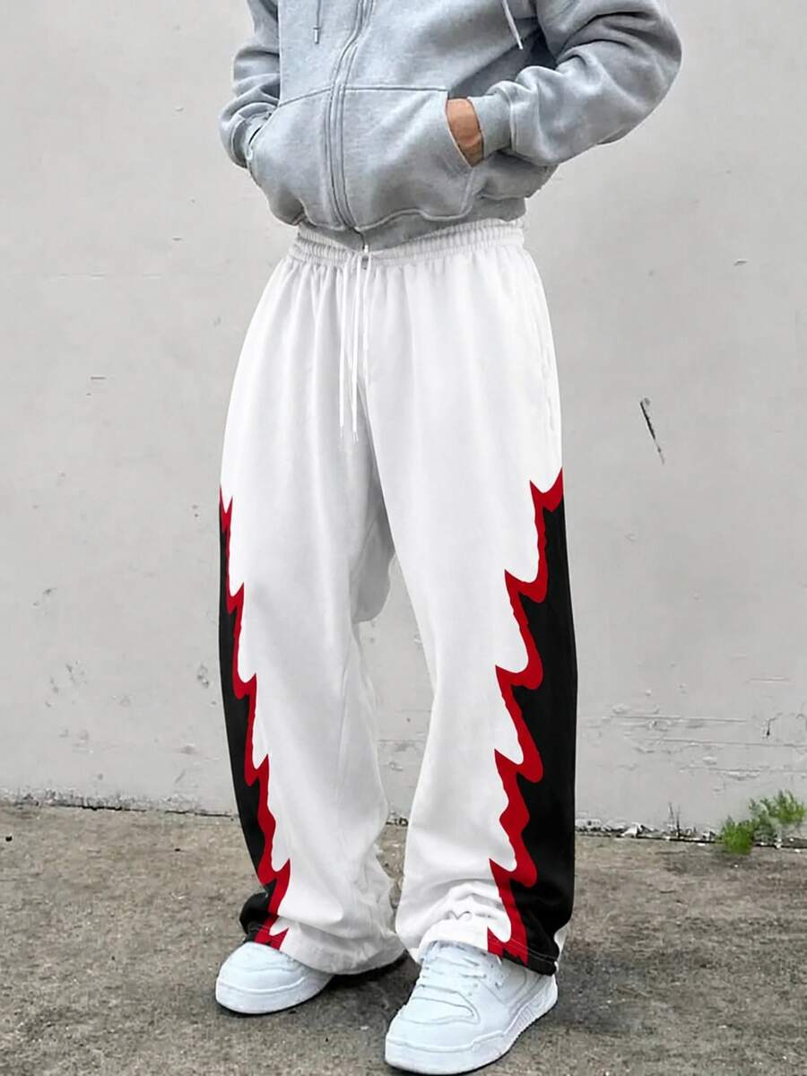 Krometka Men's American Street Style Side Jagged Contrast Print Wide Leg Sweatpants, Drawstring Elastic Waist Straight Leg Casual Long Pants - White - View 1