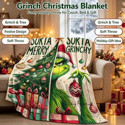 The Grinch 1 قطعة بطانية عيد الميلاد، مادة الفلانيل الناعمة، بطانية لوازم الحفلات، طباعة بنمط، بطانية رمية أريكة عيد الميلاد للاسترخاء، بطانية ديكور المنزل للعطلات، مناسبة للاسترخاء على أريكة عيد الميلاد في الشتاء، استخدام السرير في غرفة النوم، تدفئة المنزل، مشاهد هدايا العطلات
