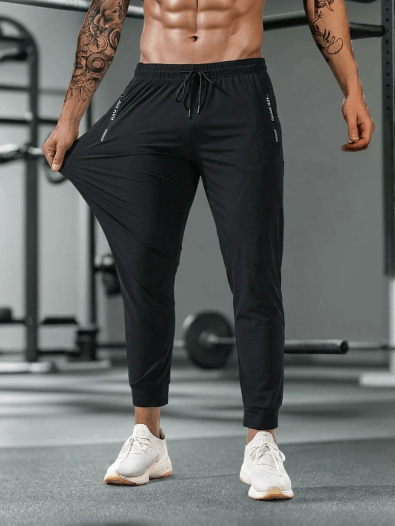 Men's Casual Sports Jogger Pants With Dual Zipper Pockets, Drawstring Waist, Ice Silk Fabric Black - Black - View 1