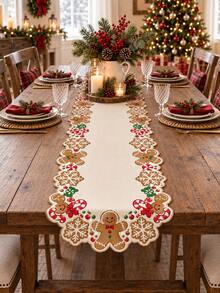 1pc-Christmas Gingerbread Man Cutout Table Runner, Xmas Candy Cane Snowflake Table Runner, Rustic Farmhouse Holiday Table Decor, Seasonal Tabletop Centerpiece For Dining Table Kitchen Party Winter Christmas Home Decorations - Multicolor - View 6
