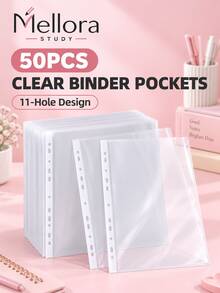 50pcs/100pcs 1pack Clear 11-Hole Binder Pockets, Transparent Plastic Sheet Protector, Loose Leaf Document Storage Pouches For A4 Paper, Office School Filing Supplies - 11-hole Transparent File Bag - View 7