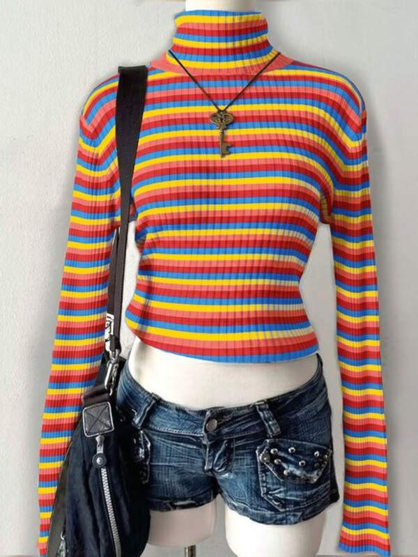 Vintage Rainbow Colorblock Ribbed Ribbed Mock Neck Cropped Long Sleeve Knit Top, Y2K Millennium Retro Hot Girl Women's Outfit, American Vintage Street Casual Women's Top, Semi-High Neck Rainbow Ribbed Ribbed Waist-Cinching Cropped Long Sleeve Knit Top, Retro Sweet Cool Hot Girl Street Women's Outfit, Millennium Retro Niche Design Women's Top, Solid Color Contrast Rainbow Ribbed Ribbed Fitted Long Sleeve Knit Sweater, Energetic Versatile Mature Daily Women's Outfit, Autumn/Winter Fashion Women's Top