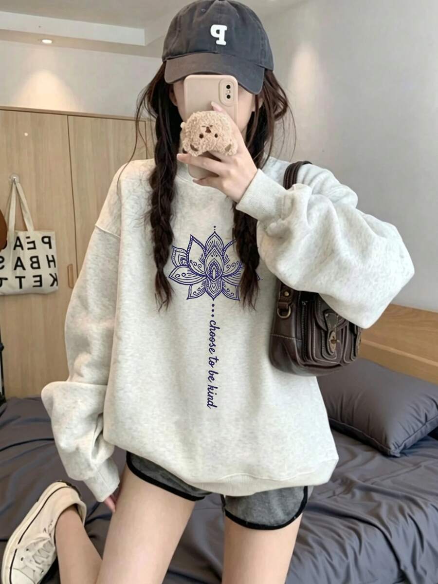 Women's Autumn/Winter Pure Cotton Loose Casual Versatile Letter Flower Cartoon Print Crew Neck Sweatshirt - Light Gray - View 1