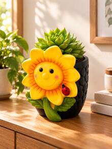 Cute Sunflower Face Planter Pot With Ladybug, Decorative Succulent Plant Pot, Smiling Flower Plant Container For Indoor Home Garden, Desktop, Window Sill & Shelf Decor - A - View 2