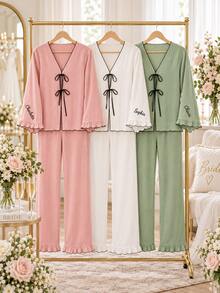 Personalized Bridesmaid Pajama Set, Custom Name Bow Tie PJs, Bridal Party Loungewear, Wedding Morning Pajamas, Bride Gift - Multicolor - View 5